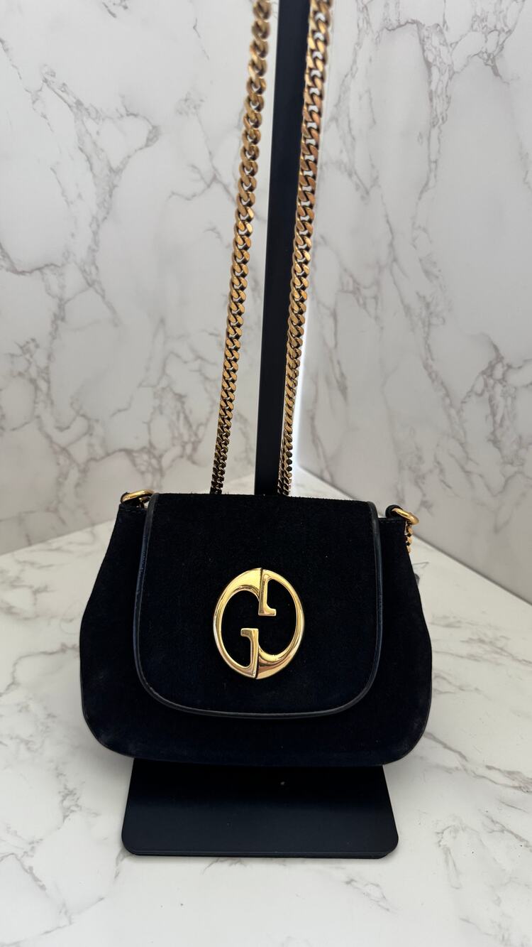 Gucci 1973 Small Chain Shoulder Bag in Black Suede